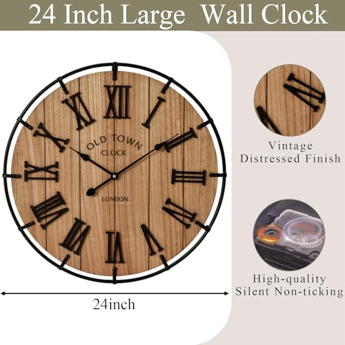 Image of EMAX HOME 24 Inch Large Farmhouse Wall Clock, Natural Wood Grain Face with Black Metal Frame, Silent Non-Ticking Quartz Movement, Vintage Wall Decor for Living Room, Bedroom, Dining Room