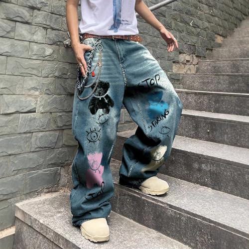 Baggy Jeans Men Graphic Bear Y2k Wide Leg Denim Pants with Metal Chain Design Streetwear for Skater Jeans Hip Pop4