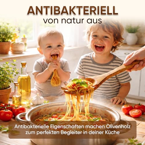 GOLDENBERG® Kochlöffelset Holz | feinstes italienisches Olivenholz | antibakteriell & hitzebeständig | Holzwender zum Braten & als Kochlöffel | ideal für beschichtete Pfannen