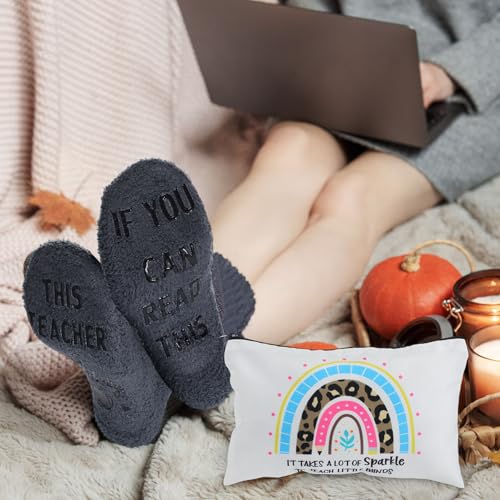 Shinymoon 28 Pcs Back to School Teacher Appreciation Gifts Bulk If You Can Read This Teacher Socks 14 Style Thank You Makeup Bags Employee Coworker Team Back to School Gifts(Rainbow,Coral Fleece) - Thumbnail 7