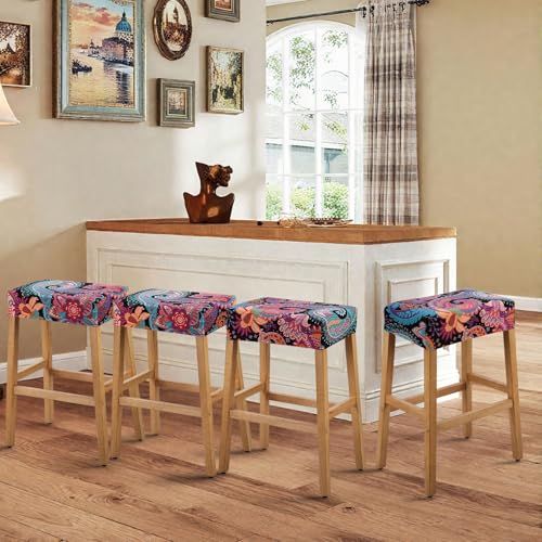 Image of YISUN Stool Covers Rectangle - 4 Pack Stretch Waterproof Saddle Seat Cover Counter Bar Stools Bar Chairs Covers Kitchen Island Chairs Cushion Protector (4, F-Purple Green)