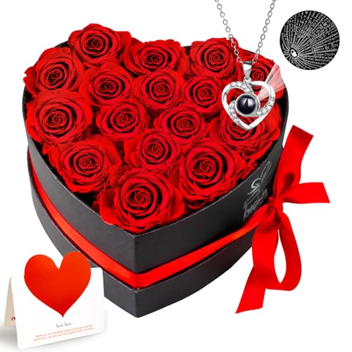 Preserved Flowers，16 Piece Forever Roses Heart Shaped Box with Necklace，Gifts for women，Girlfriend, Mom, Wife on Valentine’s Day, Mother’s Day, Birthday, Anniversary, Thanksgiving, Christmas