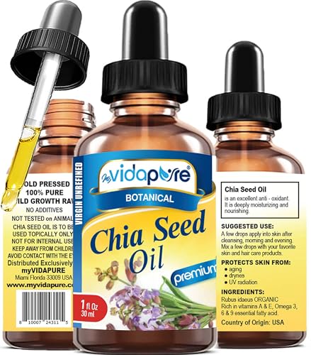 MYVIDAPURE CHIA SEED OIL Pure Natural Undiluted Refined Cold Pressed Carrier Oil. 1 Fl.oz. - 30 ml. for Skin, Face, Hair, Lip and Nail Care Anti-Aging