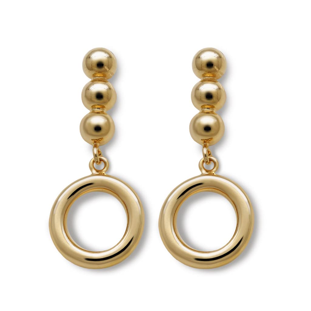 Pendientes de Aros y Bolas Para Mujer Chapados En Oro De 18K- Diseño Artesanal (Medida aprox. 3,1 cm de largo y 1,5 cm de cabezal. Aro de 1,3 cm de diámetro exterior y 2 mm de espesor)
