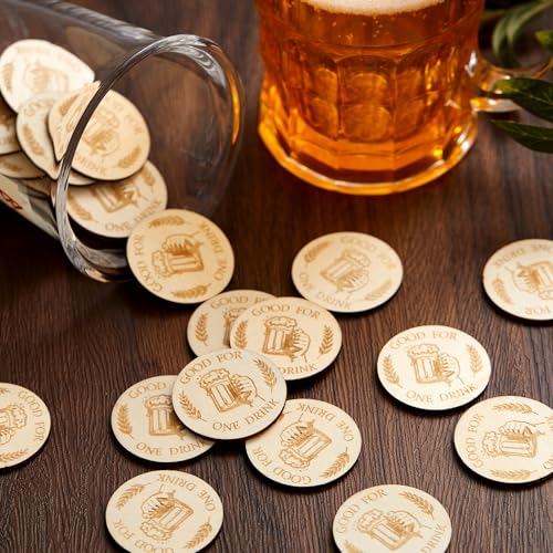 Image of Marsui 100 Pcs Wooden Drink Tokens Bulk for Wedding Personalised Drink Tickets Poker Chips for Guest Wedding Favors Beverage Birthday Oktoberfest Party Bar Table Decoration Supplies(Beer Cup Pattern)