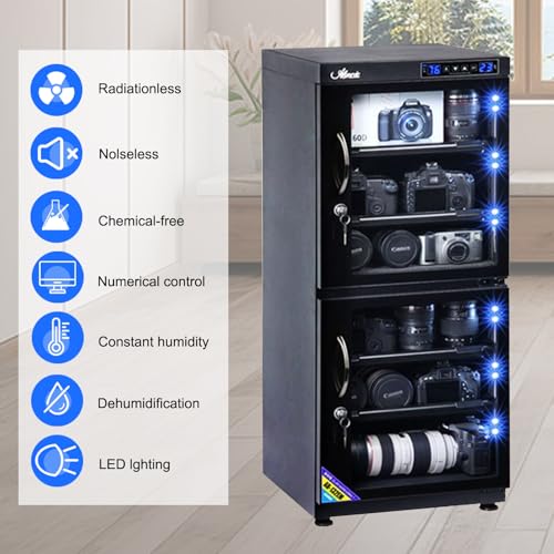 Camera Dry Cabinet 65L Digital Control Deumidificatore per la memorizzazione di apparecchiature elettroniche, silenzioso, controllo della temperatura e dell'umidità con doppio schermo LED
