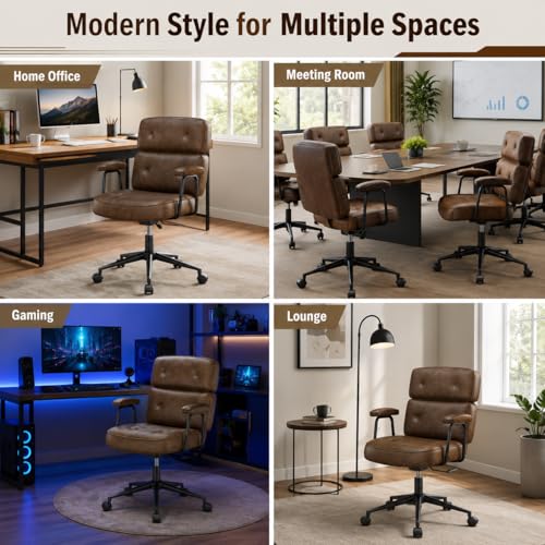 Image of Ergonomic Home Office Desk Chair, PU Leather Computer Chair with Lumbar Support, Adjustable Height, 360 Swivel Rolling Wheels, Executive Task Chair for Office, Gaming, Meeting Room, Brown