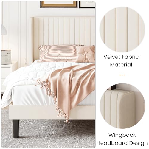 Image of SHA CERLIN Full Size Velvet Bed Frame, Tufted Wingback Headboard, Cream | 47'' Modern Vertical Channel Headboard, Upholstered Platform Bed, Wood Slats, No Box Spring Needed, Easy Assembly, Noise Free
