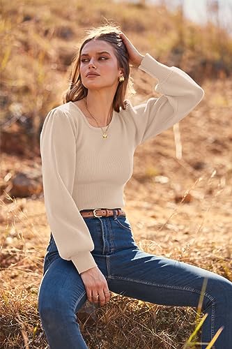 MASCOMODA Long Puff Sleeve Sweaters for Women 2025 Fall Winter Crewneck Knit Ribbed Bodysuit Pullover Tops4