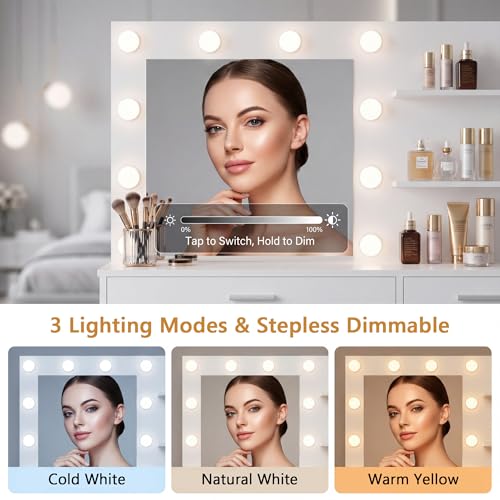 Image of YESHOMY Vanity Desk with Mirror, LED Lights and Storage,Modern White