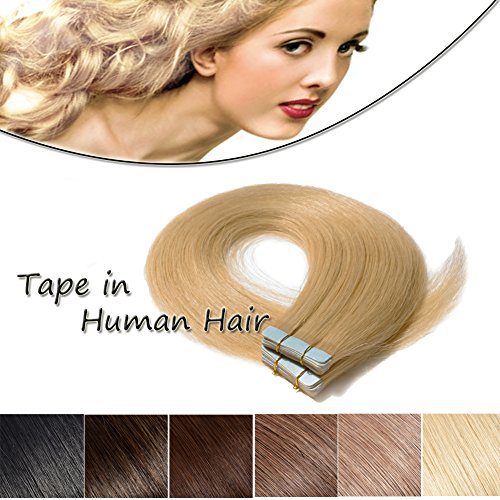 Seamless Tape in Hair Extensions 14 inch Ash Blonde Real Human Hair Straight Professional Tape on Skin Weft Hair Extensions (14'',40g/20Pcs,#24)+10pcs Free Tapes