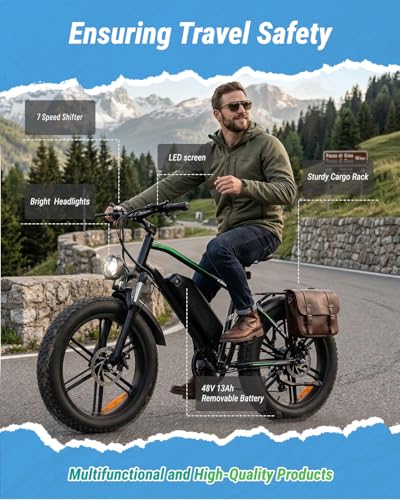 OUXI Electric Bike for Adults, 1000W Peak Electric Mountain Bicycle 48V13Ah Removable Battery, 20&Prime; Fat Tire R7 Ebike with Adjustable Seat, Rear Rack, UL 2849 Certified