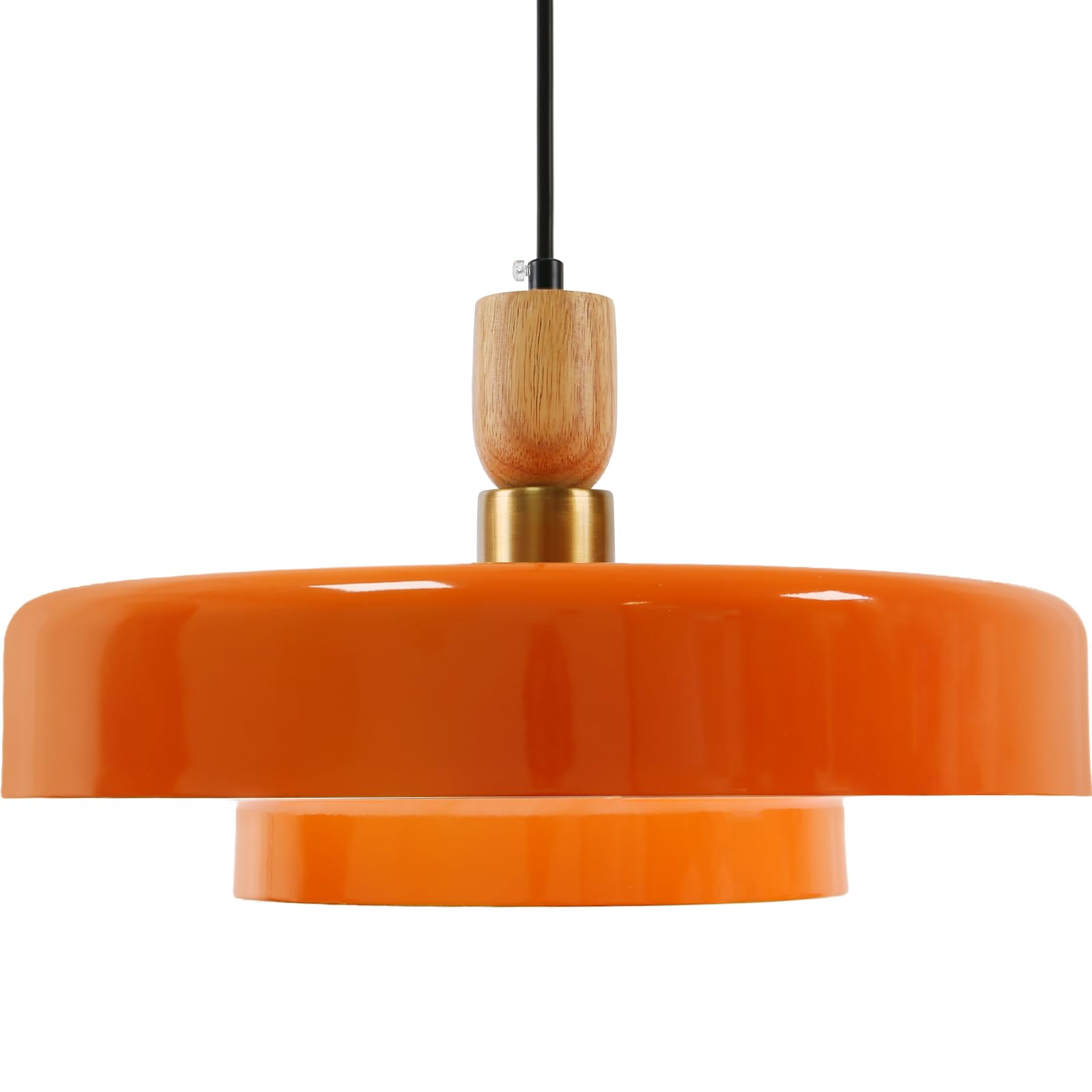 Orange Pendant Lights Mid Century Modern Chandelier Ceiling Lights, 2-Layer Metal Shade, Wood Design, Flush Mount Light Fixtures for Dining Room Living Room (Orange)