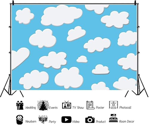 Miniatura 4 de Laeacco Fondo de nubes blancas de cielo azul de dibujos animados de 10 x 6.5 pies, lindo fondo de fiesta de cumpleaños para niños, baby shower, mesa