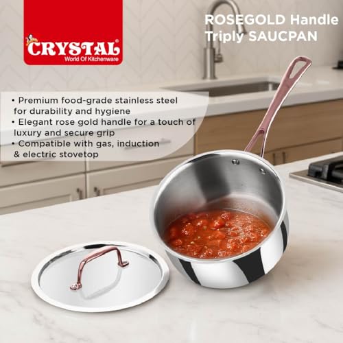 Image of Crystal TriPro -Triply Stainless Steel Saucepan with Lid - 18 cm (Induction Bottom), with Rose Gold Handle (CTP-SP-003A)