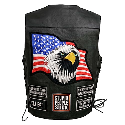 EVENT LEATHER Men's Genuine Motorcycle Leather 8 Patched Vest | Biker Vests w/Conceal Carry ELM3925 - Large