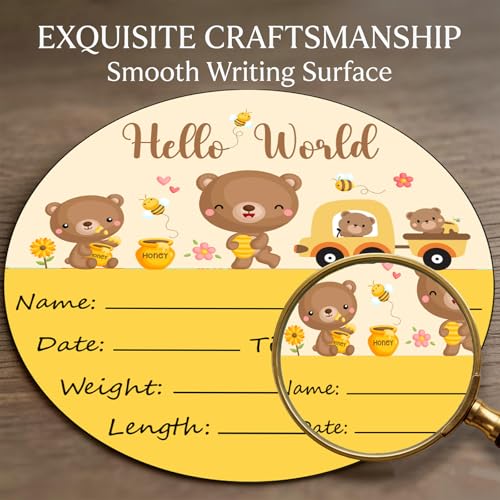 Image of Birth Announcement Sign Baby Name Nursery Decor Hello World | Round Wood Plaque with Bear Design, Custom Name Date Weight Length Great for Nursery Wall Baby Shower Gifts