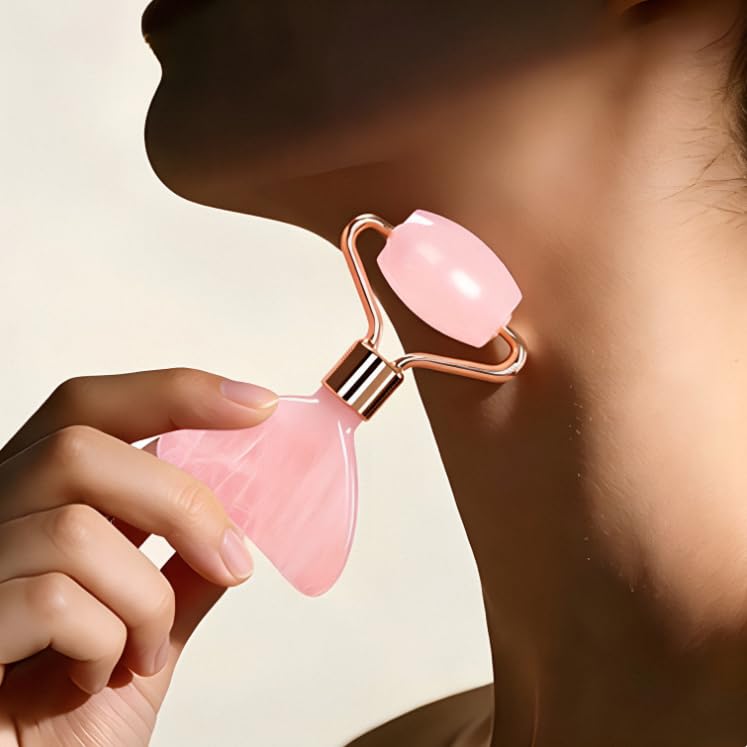 Rose Quartz 2 in 1 Facial Roller & Gua Sha Massage Tool image 3