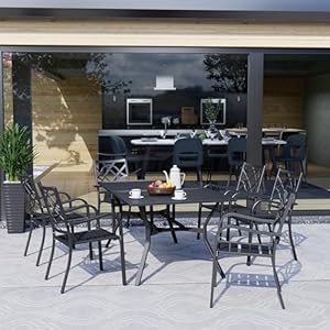 SOLAURA Outdoor Dining Table, 60" x 38" Patio Metal Steel Slat Table for 6-Person with 1.57" Umbrella Hole, for Gardens or Backyards, Black SOLAURA Outdoor Dining Table 60 x 38 Patio Metal Steel Slat Table for 6 Person with 157 Umbrella Hole for Gardens or Backyards Black