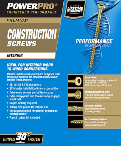 Power Pro 48881 Tornillos para madera, tamaño 9 x 3 pulgadas, Premium Star Drive para gabinetes interiores, Zinc amarillo dorado, 1000 piezas miniatura 3