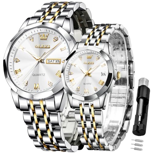 OLEVS Valentines Couple Pair Quartz Watches Luminous Calendar Date Window 3ATM Waterproof, Casual Stainless Steel His and Hers Wristwatch for Men Women Lovers Wedding Romantic Gifts Set of 2