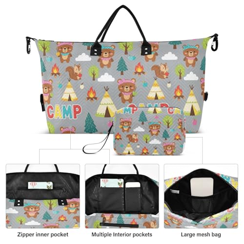 Cartoon Camp Bear Travel Duffel Bag for Men Women with Makeup Bag Weekend Overnight Carry On Bags for Getaway Weekend Travel2