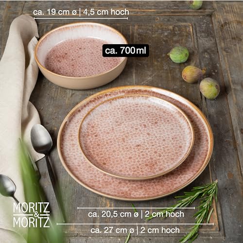 Moritz & Moritz TERRA 18-tlg Geschirrset 6 Personen - Teller Set in zartem Terracotta aus hochwertigem Porzellan - Geschirr Set 6 Personen aus je 6x Speiseteller, Dessertteller und Schalen