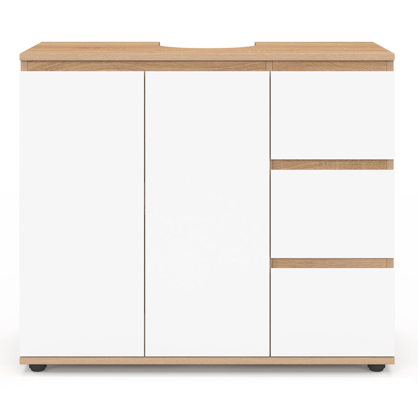 IDMarket - Meuble sous lavabo Salle de Bain TOMI avec Placard et 3 tiroirs façon hêtre et Blanc