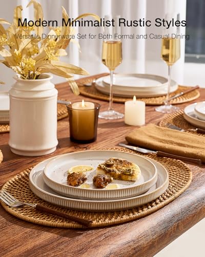 Image of Famiware Star 12-Piece Stoneware Flat Plate Set for 6-10.5 inch Dinner Plates & 8 inch Salad Plates, High Edge Dinnerware with Trim, Chip & Scratch Resistant, Microwave & Dishwasher Safe, Cappuccino White