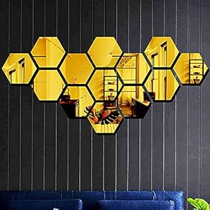Bikri Kendra – Hexagon 13 Golden mirror stickers for wall, hexagon mirror wall stickers, acrylic mirror wall decor sticker, hexagonal mirror wall sticker, wall mirror stickers, wall stickers for hall room, bed room, Kitchen.