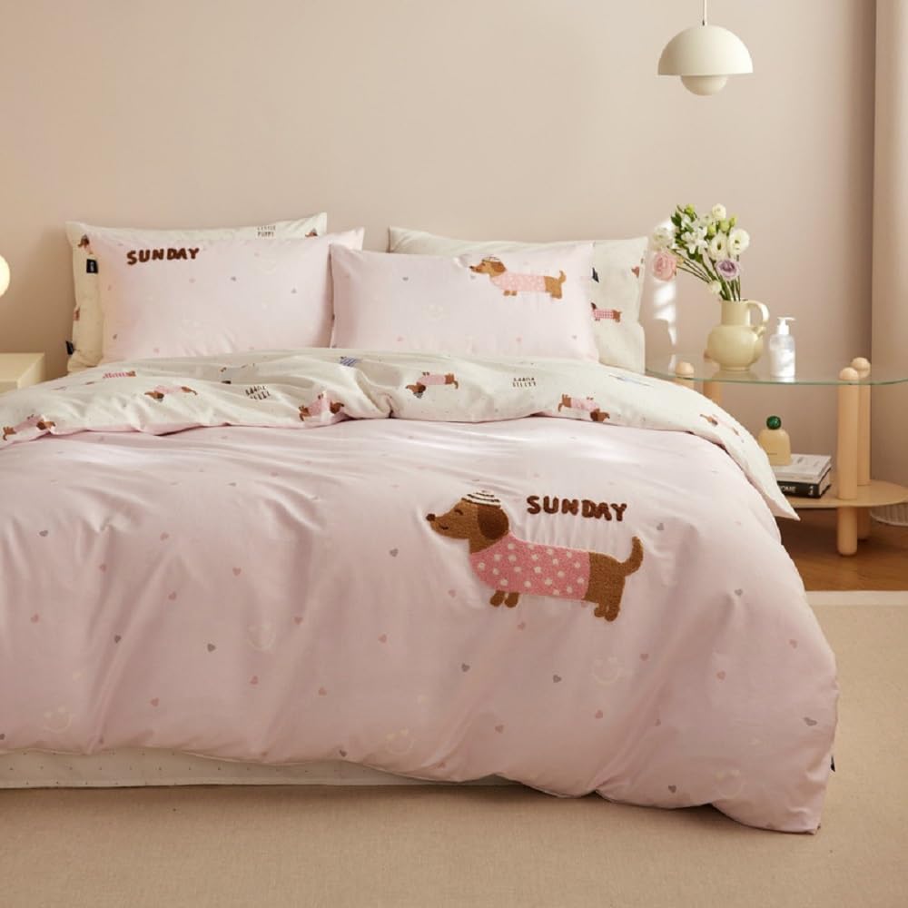 Lanqinglv Bettwäsche 135x200 cm Dackel Rosa Herzen Stickerei Bettwäsche Kinder Mädchen, ÖKO-TEX Bettbezug mit Reißverschluss und 1 Kissenbezüge 80x80cm