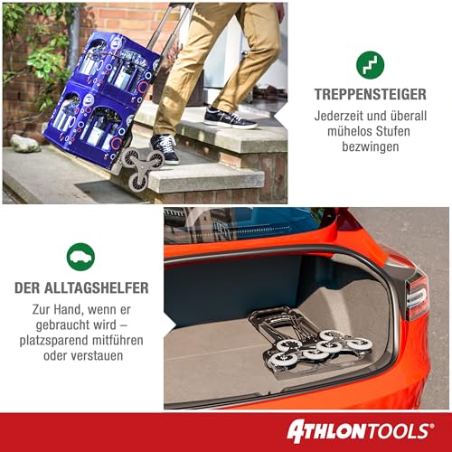 ATHLON TOOLS Aluminium Treppensteiger-Sackkarre klappbar TÜV geprüft – extra Langer Griff 110 cm, Ladefläche mit Anti-Rutsch-Pads