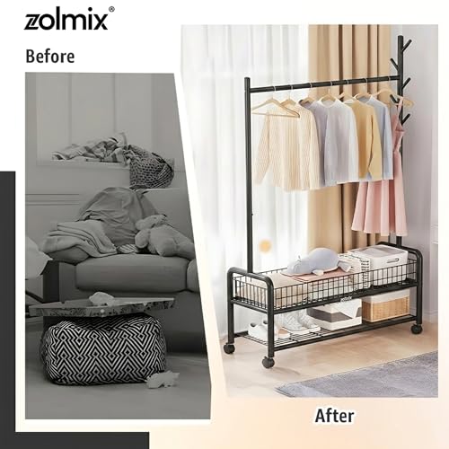 Image of ZOLMIX Metal Garment Rack With Wheels & 2 Bottom Mesh Shelves | Clothes Hanging Stand, Coat Hanger Stand For Home, Cloth Rack For Bedroom, Clothing Rack Organizer For Clothes, Bags & Shoes (Black)