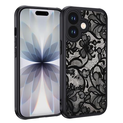 XTCASE Cover per iPhone 17, Custodia Aesthetic Motivo Vintage Pizzo Opaca Posteriore Ultra Sottile Leggera Silicone TPU Morbido Antiurto Retro PC Rigido Antigraffio Case, Nero