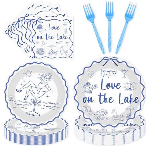 96 Pcs Love On The Lake Bachelorette Decorations Lake Plates Napkins Forks for 24 Guests Love On The Lake Party Tableware Supplies Set