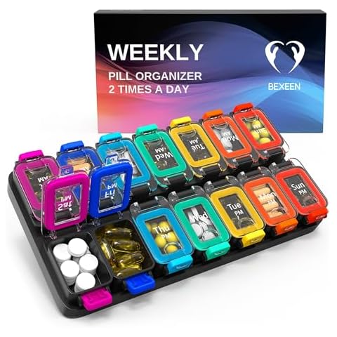 Extra Large Weekly Pill Organizer 2 Times A Day - Airtight Pill Box 7 Day - Am Pm Vitamin Case - Medicine Container Two Week Supplement Holder Daily Medication Storage XL Twice Med Sorter Cute Cover