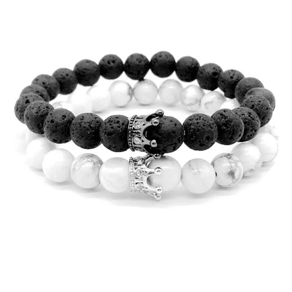 Armband Queen und King Crown Naturstein Perlen für Paare,Elastisch Armband aus CZ Kronen König und Königin schwarz Lava Vulkanischen Stein und weiß Howlite,Freundschaft Armreif Couple Armbänder 8mm