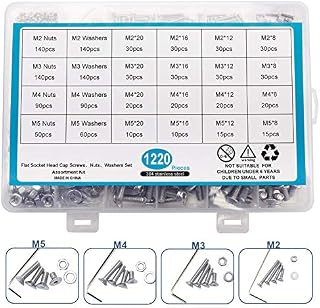 Homtone 1220 PCS M2 M3 M4 M5 304 Stainless Steel Bolts Screws Nuts Washers Assortment Kit with Hex Wrenches (Hex Flat Head)