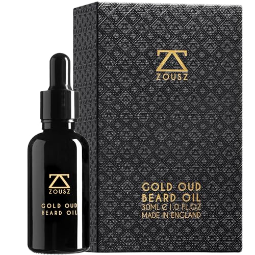 ZOUSZ Aceite para barba - Cuidado masculino Gold Oud con aceites de aguacate, argán y macadamia - Suavizante e hidratante no graso para peinar - Regalo vegano para hombres 30 ml