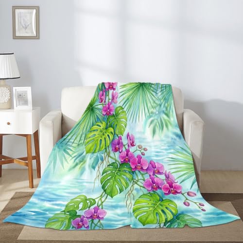 Plaid orchidée et palmier 150x200 cm | Couverture canapé vert d'été légère