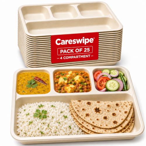 Image of Disposable Paper Plates 4 Compartment Meal Tray Pack of 25 | Eco Friendly Disposable Food Tray | Home Use, Party, Picnic, Restaurant & Catering Use | Leak Proof & Heavy Duty