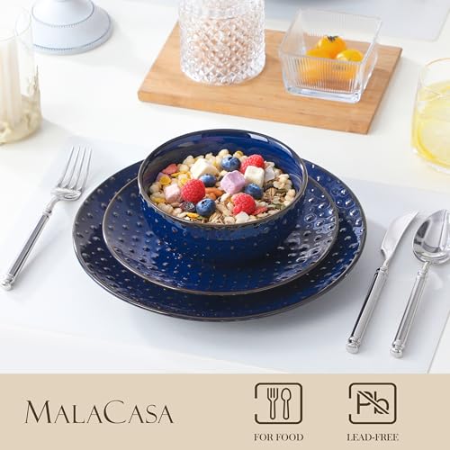 Image of MALACASA 12 Pieces Dinnerware Sets, Modern Plates and Bowls Sets, Blue Dish Set for 4, Kitchen Ceramic Dinner Plates Dishware Set, Microwave and Dishwasher Safe, Series LYDIA