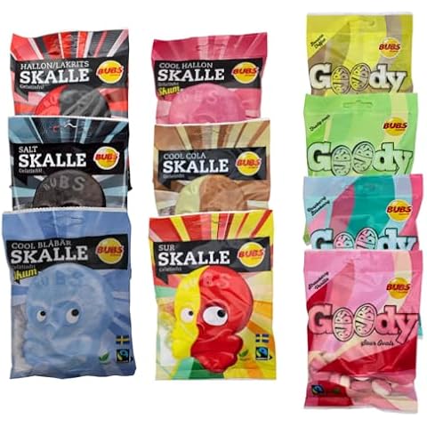 6 Bags x 90g of BUBS Goody Candy Sampler, Pick any 6 90 gram bags, Bubs Goody Banana Toffee Gummies, Bubs Goody Sour Blueberry Raspberry Candy, Bubs Goody Sour Fruity Pear Candy, Bubs Sour Skulls, Bubs Sour Blueberry Skulls, Bubs Sour Cool Cola Skulls, Bubs Sour Foam Raspberry Skulls, Bubs Salted Black Licorice Skulls, Bubs Raspberry Licorice Skulls, Vegan Gummies, Imported Swedish Candy, Sour Candy, Norwegian Candy, Scandinavian Gummies, Packed in a Blue Desert Market Bag Cover