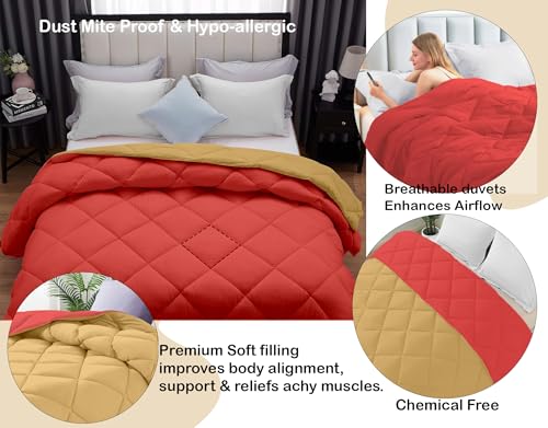 Image of AYKA Reversible Comforter 220 GSM Microfiber Reversible AC Comforter /Blanket for Winter /Quilt /Duvets for King Size Double Bed Comforter (90 * 100, Beige & Red)| TC - 220