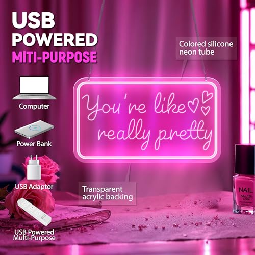 Image of You're Like Really Pretty Neon Signs for Wall Decor,Pink Led Neon Sign for Teen Girls Dimmable Neon Lights Signs for Aesthetic Room Girls Bedroom Decor, Beauty Salon,Party