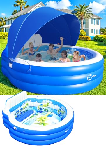 Lanblu 2026 Extra Large Upgraded Inflatable Pool with Canopy Inflatable Family Lounge Pool Round Blow Up Pool for Adult with Bench&Backrest Swim Center Easy Backyard Pools for Kids & Adults90*90*80