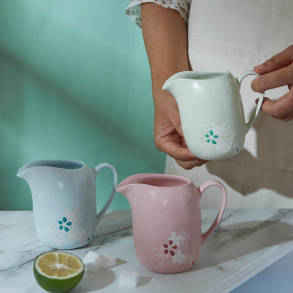 Barca per salse e lattiera in ceramica dipinta a mano, teiera rosa per condimenti per insalata, caffè, succhi di frutta, elegante servizio da cucina e ristorante