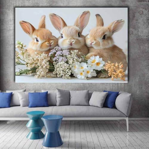 Tableau lapin peinture murale fleurie beige pour salon et décoration murale toile