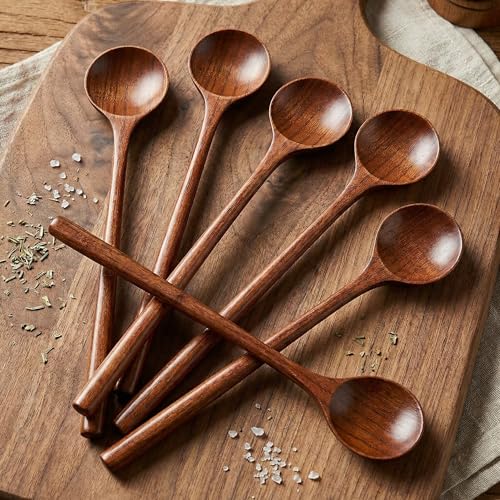 Image of Patelai 6 Pieces Wooden Long Spoons Long Handle Round Spoons Korean Style Soup Spoons for Soup Cooking Mixing Stirring Kitchen Tools Utensils, 10.9 Inch (Brown)