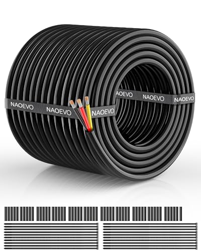 NAOEVO 10 Gauge Wire 3 Conductor Electrical Wire, 10 AWG Stranded PVC Cord, 12V Low Voltage/Tinned Copper/Flexible Cable for Automotive Wiring, Lamp Cord, Marine Cable (100FT)